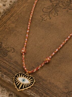 Black Evil Eye Heart Pendant Braided Cord Necklace | Boho Statement Jewelry